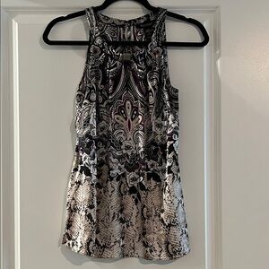 White House Black Market silk Black and Cream w/purple Patterned Tank Top